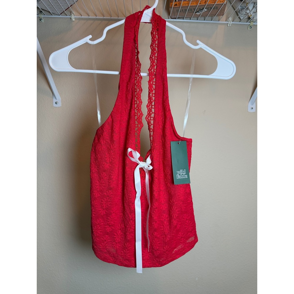Wild Fable Red Lace Halter Top with White Ribbon Bow Coquette NWT Women Size L